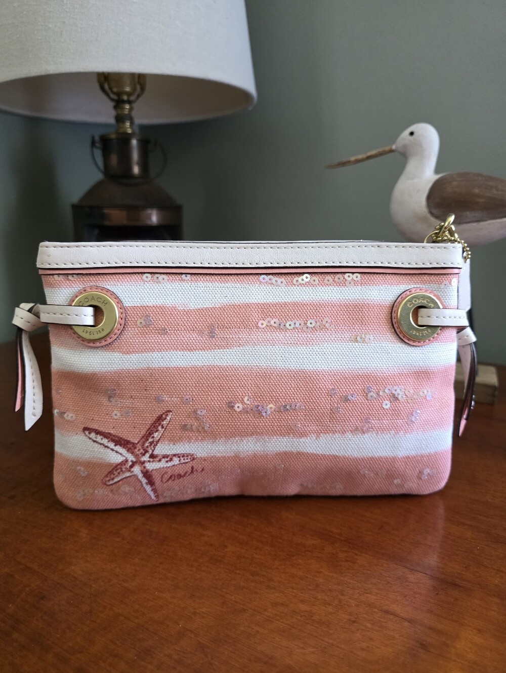Coach Audrey Pink Sequin Shell Canvas Studded Wristlet Bag - Picture 5 of 16